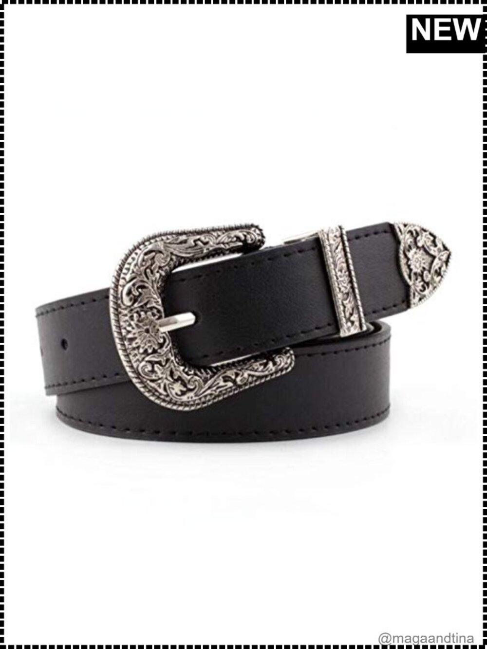 Vintage Western Women's Faux Leather Belt with Floral Buckle